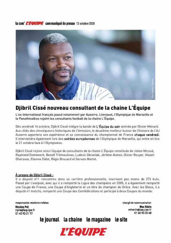 L’Équipe/ Football : Djibril Cissé rejoint la chaîne en tant que consultant
