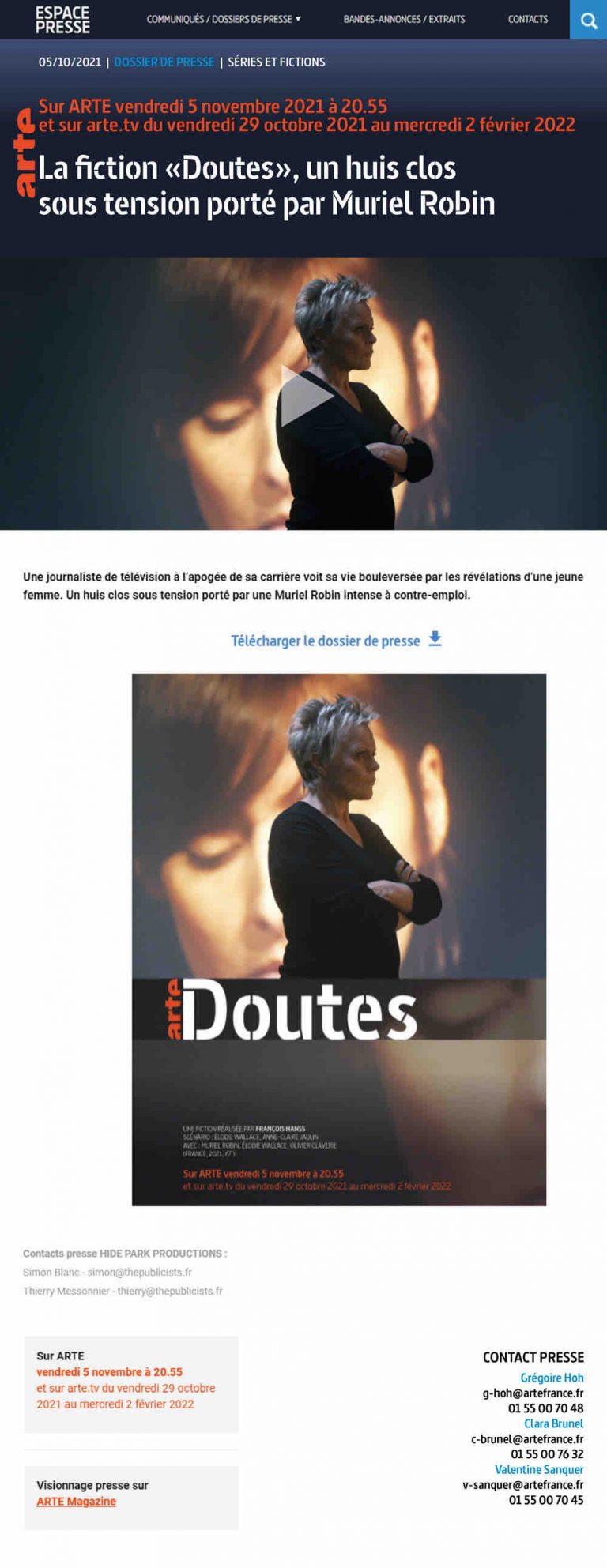 ARTE : la fiction «Doutes» avec Muriel Robin le 5 novembre à 20h55