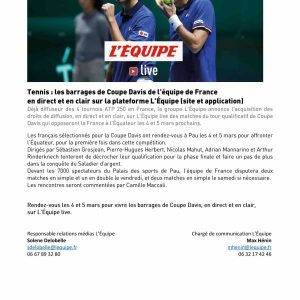 Droits TV/ tennis : les barrages de Coupe Davis de l’équipe de France sur la plateforme L’Équipe