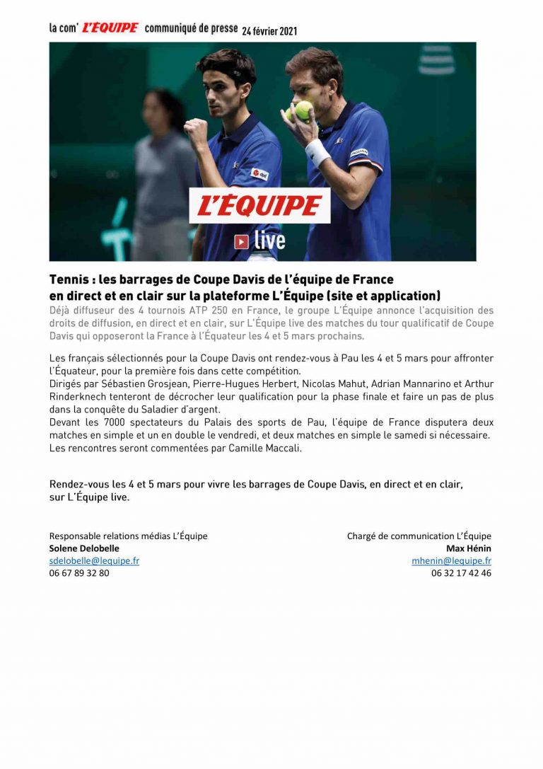 Droits TV/ tennis : les barrages de Coupe Davis de l’équipe de France sur la plateforme L’Équipe