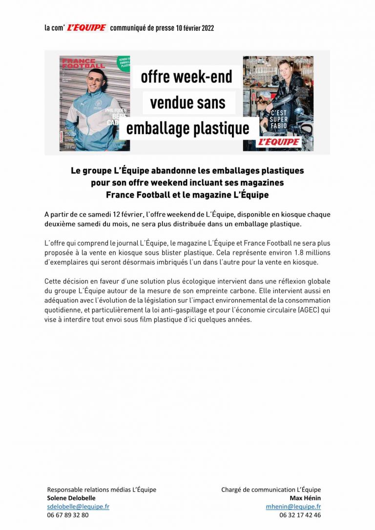 Le groupe L’Équipe abandonne les emballages plastiques pour son offre weekend incluant ses magazines «France Football» et le magazine «L’Équipe»