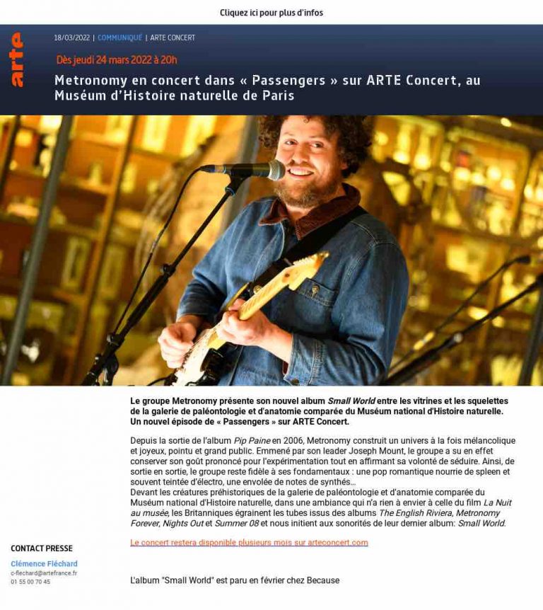 ARTE : Metronomy en concert dans «Passengers» sur ARTE Concert au Muséum d’histoire naturelle dès jeudi 24 mars à 20h