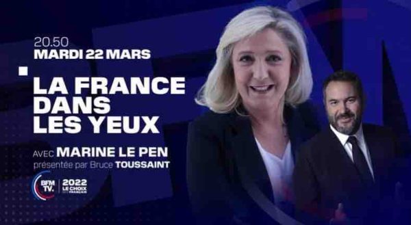 BFMTV : «La France dans les yeux» reçoit Marine Le Pen ce mardi 22 mars