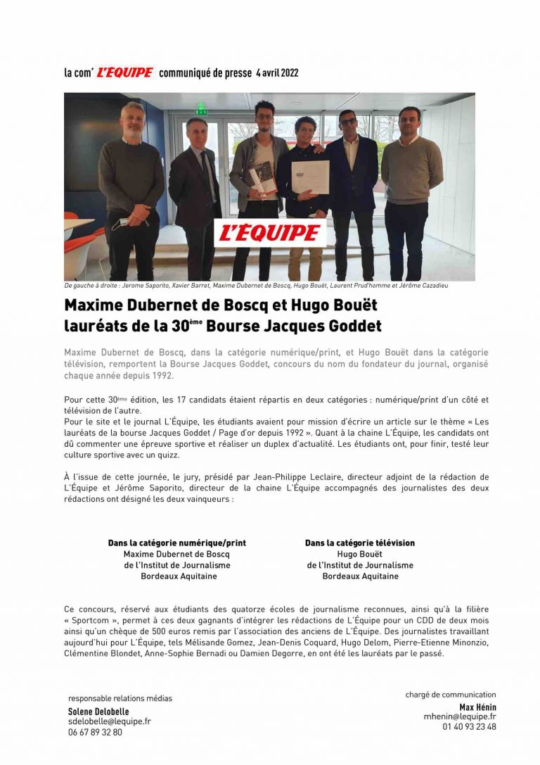 L’Equipe : lauréats de la 30ème Bourse Jacques Goddet