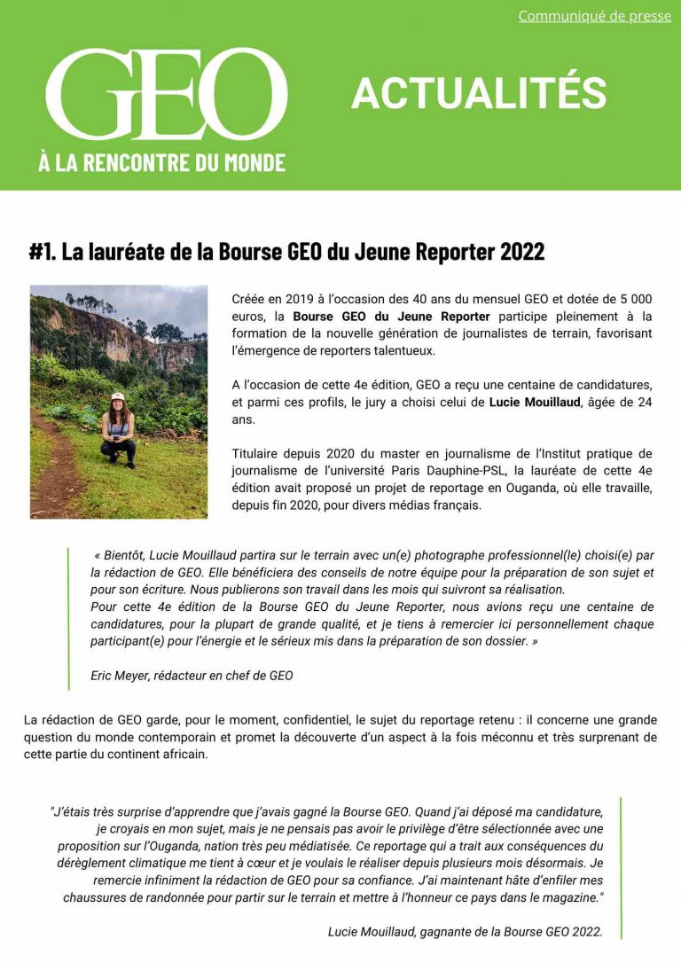 «GEO» : Lucie Mouillaud, lauréate de la Bourse du Jeune Reporter 2022
