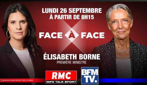 RMC/ BFMTV : Élisabeth Borne invitée d’Apolline de Malherbe dans «Face à Face» lundi 26 septembre