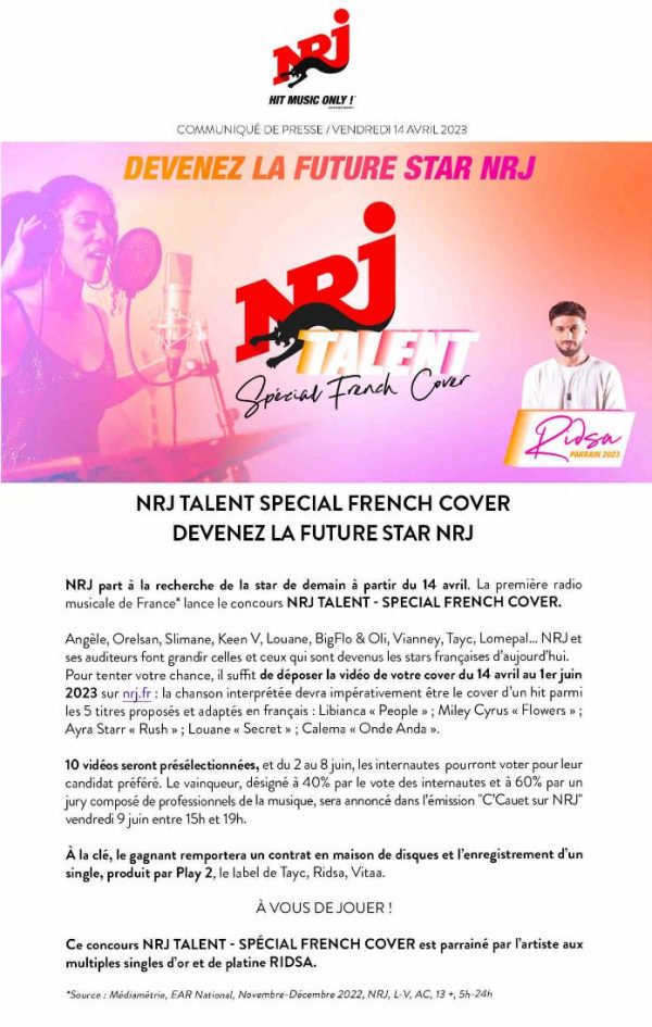 NRJ lance le concours NRJ TALENT - SPECIAL FRENCH COVER