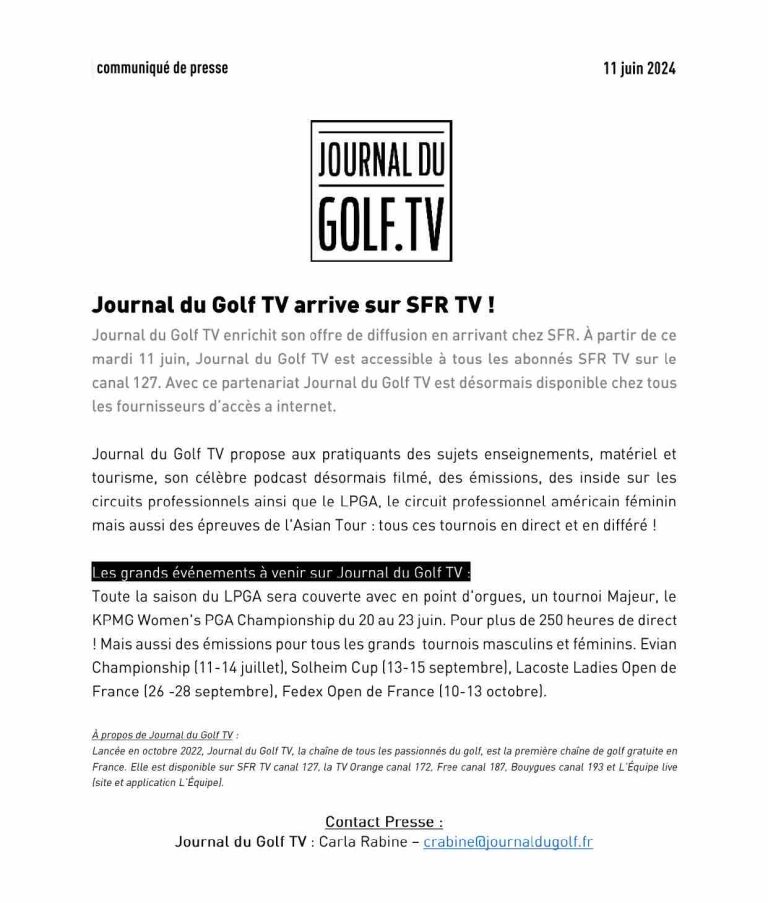 Journal du Golf TV arrive sur SFR TV