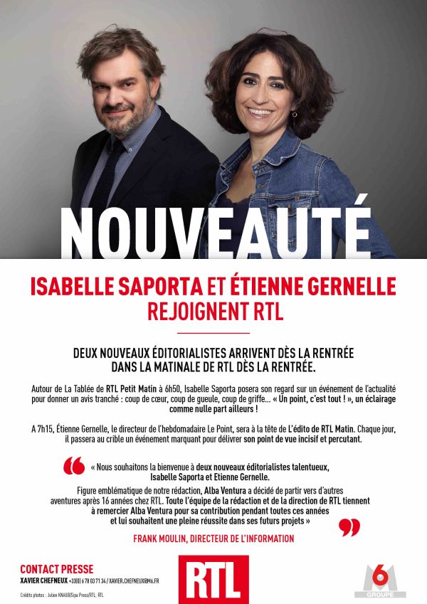 RTL : Isabelle Saporta et Etienne Gernelle rejoignent RTL dès la rentrée