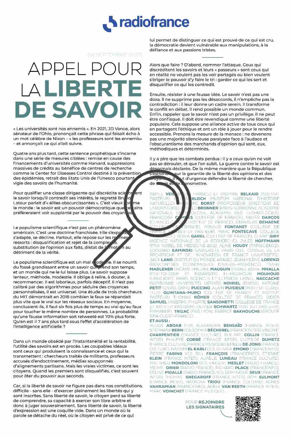 Radio France lance un appel pour la liberté de savoir