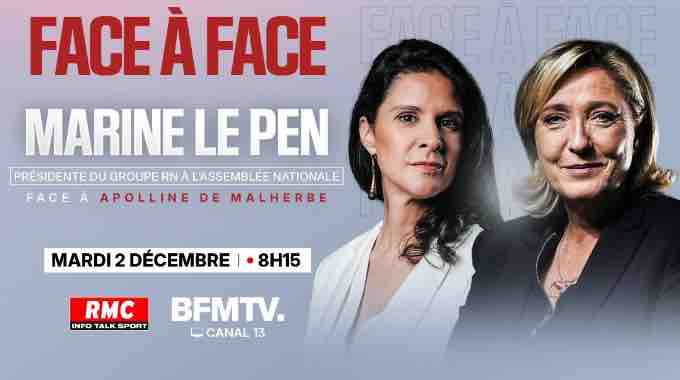 RMC/ BFMTV : Marine Le Pen invitée d’Apolline de Malherbe dans le «Face à Face» ce mardi 2 décembre